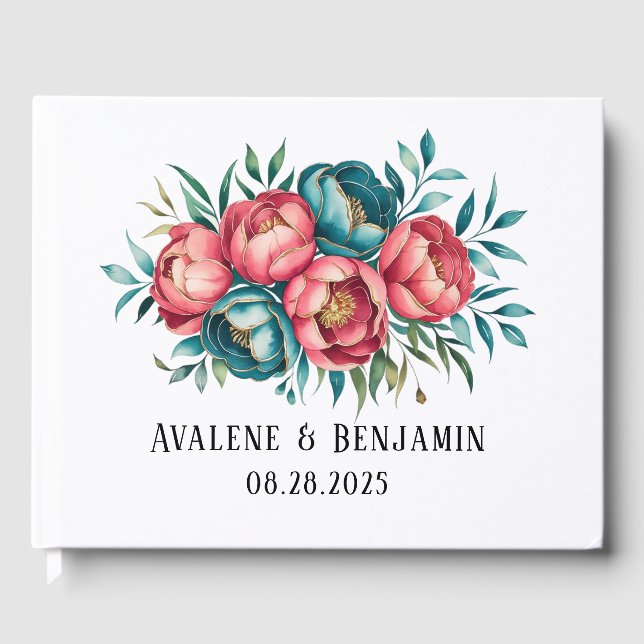 Coral and Teal Peonies Gold Bouquet Wedding  Guest Book (Front)