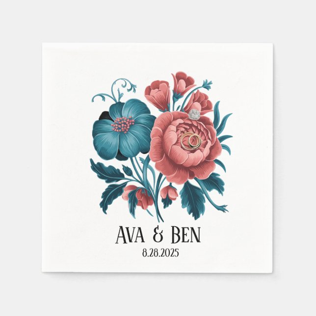 Coral and Teal Peonies Gold Bouquet Wedding Rings Napkin (Front)