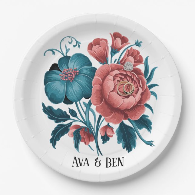 Coral and Teal Peonies Gold Bouquet Wedding Rings Paper Plate (Front)