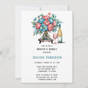Coral and Teal Peonies Gold Brunch & Bubbly Invitation