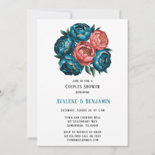 Coral and Teal Peonies Gold Couples Shower Invitation