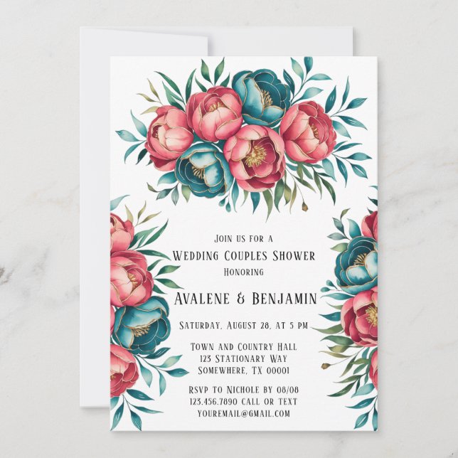 Coral and Teal Peonies Gold Wedding Couples Shower Invitation (Front)