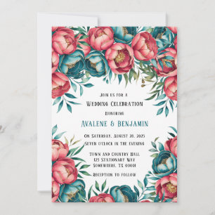 Coral and Teal Peonies Gold Wedding Invitation