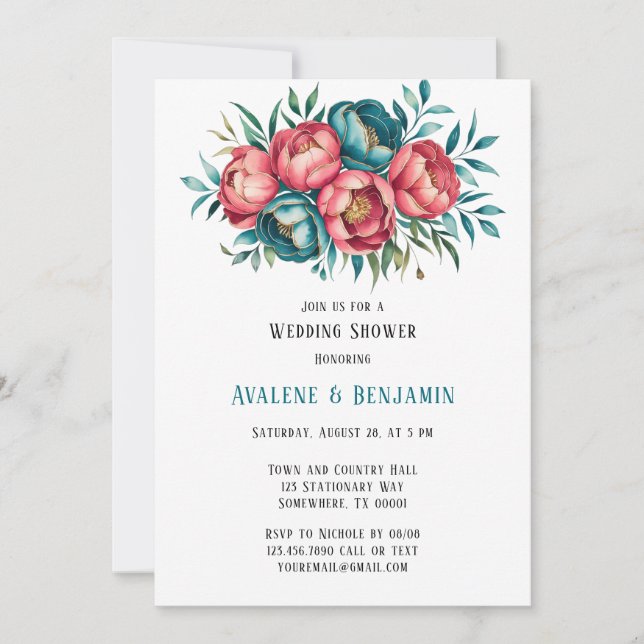 Coral and Teal Peonies Gold Wedding Shower Invitation (Front)