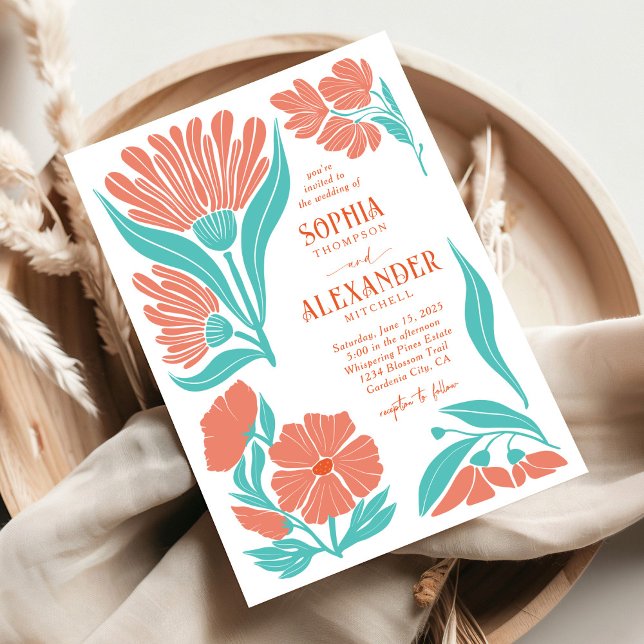 Coral and Turquoise Boho Retro Wedding Invitation (Creator Uploaded)