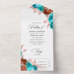 Coral and Turquoise Watercolor Floral Wedding All  In One Invitation