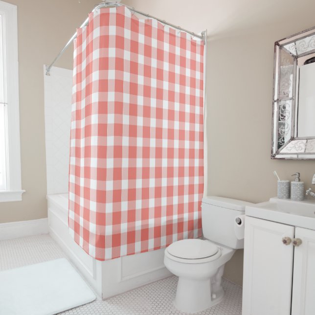 Coral and White Buffalo Plaid Pattern Shower Curtain (In Situ)