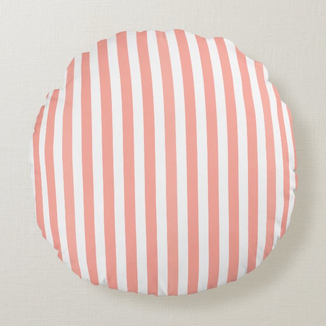 Coral and white candy stripes round cushion (Front)