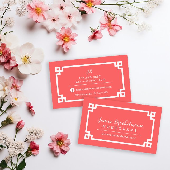 Coral and White Chic Greek Key Border Business Card (Creator Uploaded)