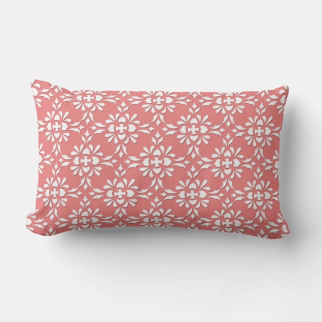 Coral and White Damask Style Pattern Lumbar Cushion (Front)