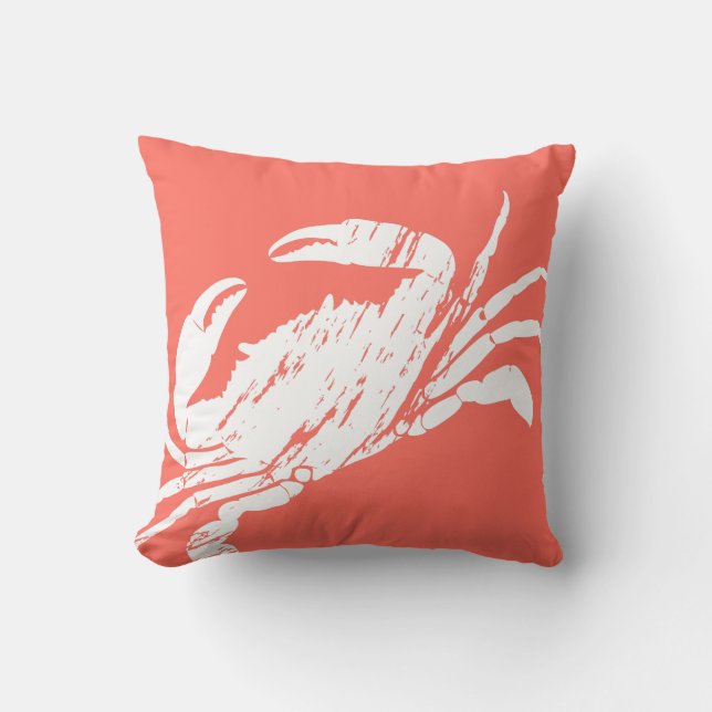 Coral and White Distressed Look Crab Graphic Print Cushion (Front)