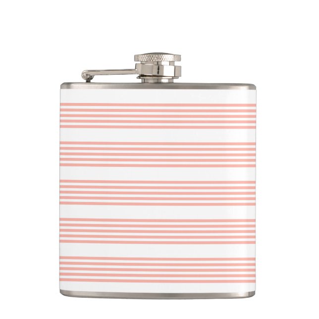 Coral and white five stripe pattern hip flask (Front)