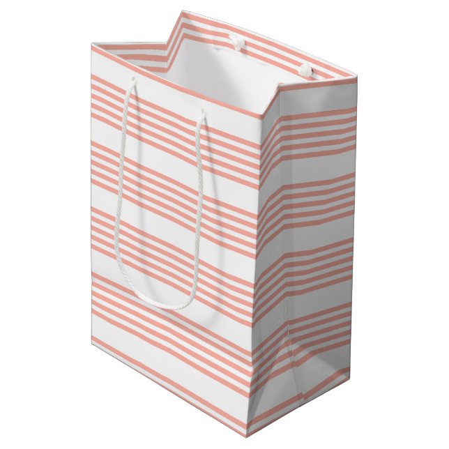 Coral and white five stripe pattern medium gift bag (Front Angled)