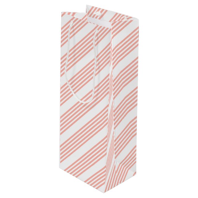 Coral and white five stripe pattern wine gift bag (Front Angled)