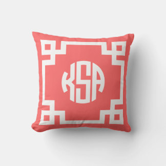 Coral and White Greek Key Circle Monogram Cushion