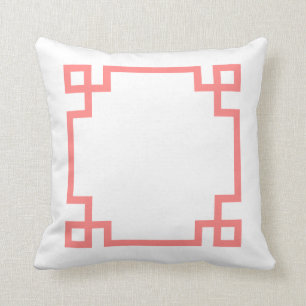 Coral and White Greek Key Cushion