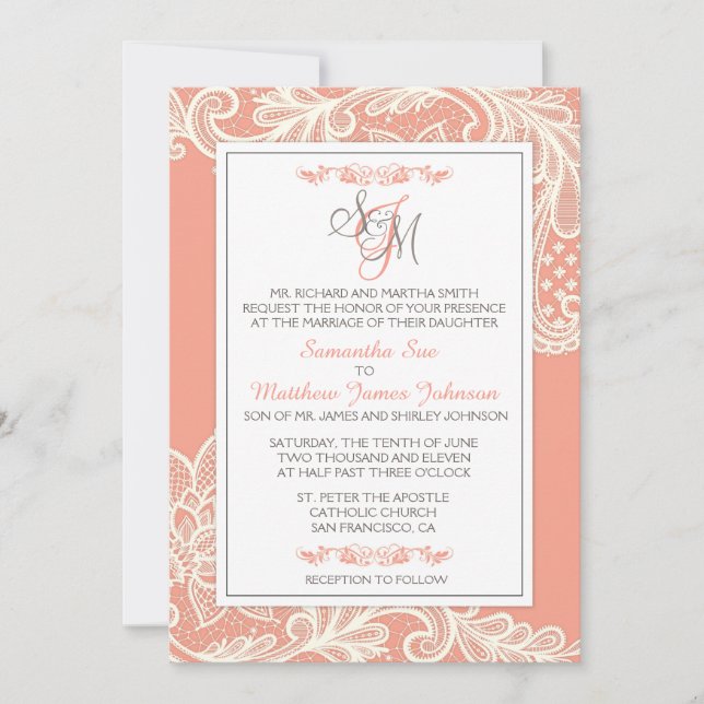 Coral and White Lace Wedding Invitation Card (Front)