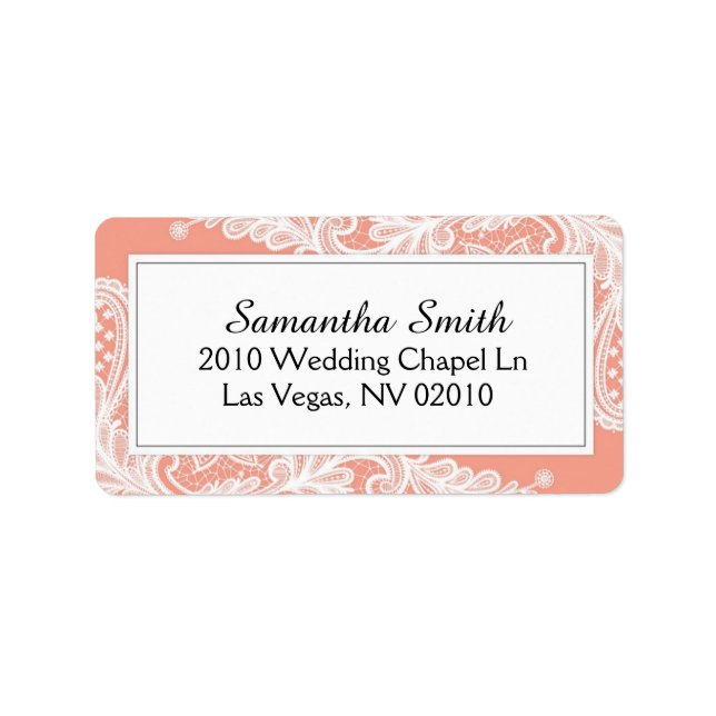 Coral and White Lace Wedding Labels (Front)