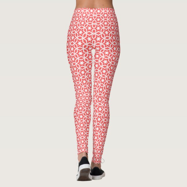 Coral and White Lattice Star Pattern   Leggings (Back)