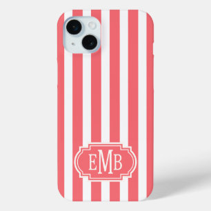 Coral and White Monogrammed Stripes iPhone 15 Mini Case