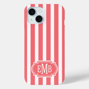 Coral and White Monogrammed Stripes iPhone 15 Case