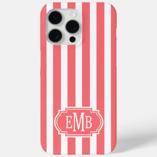 Coral and White Monogrammed Stripes iPhone 15 Pro Max Case