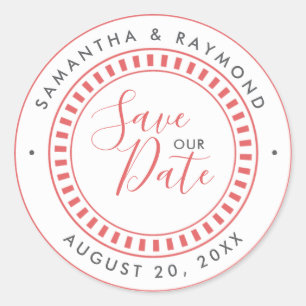 Coral and White Nautical theme Save our Date Classic Round Sticker