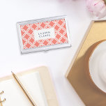 Coral and White Octagon Link Lattice Pattern Business Card Holder<br><div class="desc">Carry your business cards in chic, classic style with our personalised card case. Preppy design features a geometric octagonal link lattice pattern in white on sunny coral peach. Add a name, monogram or company name in matching navy blue lettering for a polished, professional look. Designer tip: to maintain the unique...</div>