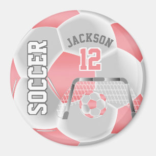 Coral and White Personalise Soccer Ball Magnet