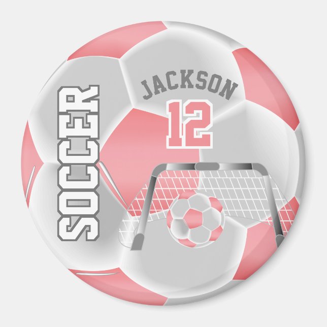 Coral and White Personalise Soccer Ball Magnet (Front)
