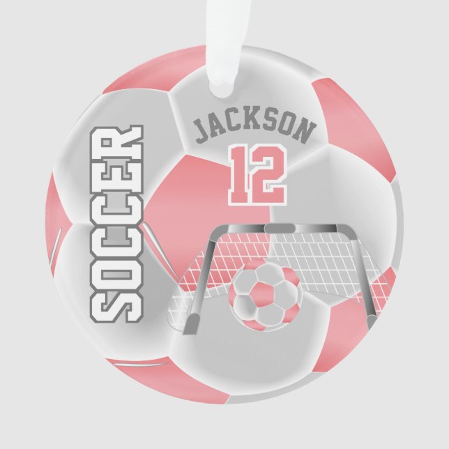 Coral and White Personalise Soccer Ball Ornament (Front)
