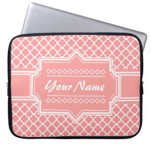 Coral and White Quatrefoil Lattice Personalised Laptop Sleeve