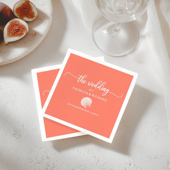 Coral and White Seashell Beach Wedding Napkin (Creator Uploaded)