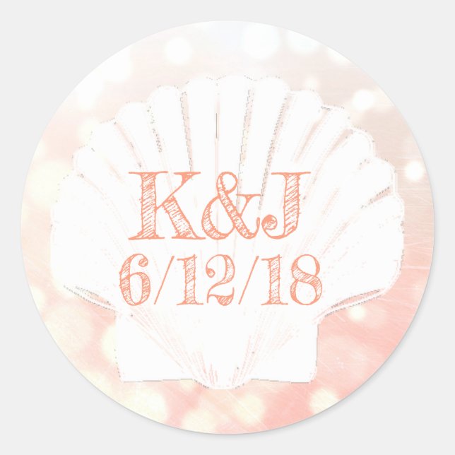 Coral and White Seashell Seaside Wedding Stickers (Front)