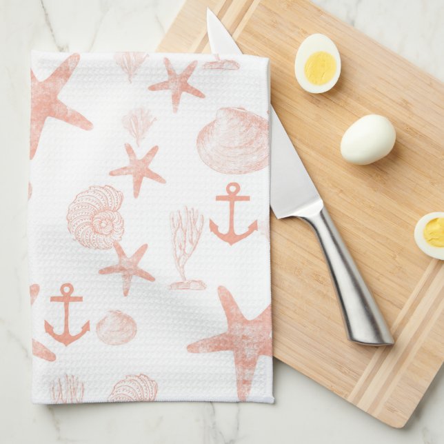 Coral and White Seashell Tea Towel (Quarter Fold)