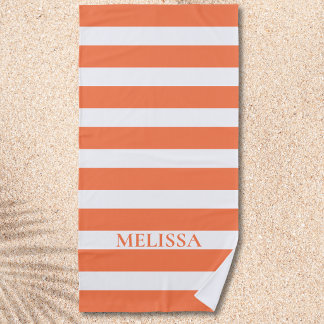  Coral And White Striped Name Cabana Stripe  Beach Towel