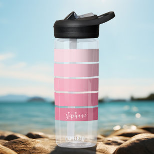 Coral and White Striped Pattern Custom Script Name Water Bottle