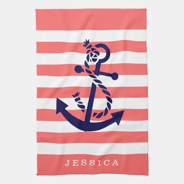 Coral And White Stripes Blue Nautical Anchor Tea Towel (Vertical)