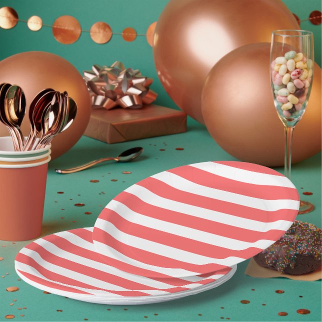 Coral and White Stripes Paper Plate (Multi)