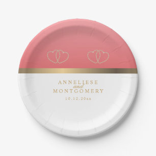 Coral and White with Gold Hearts Paper Plate