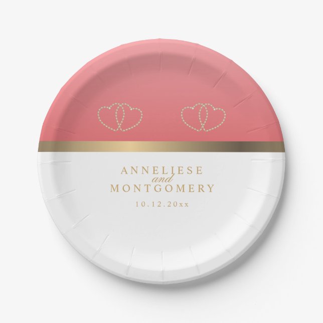 Coral and White with Gold Hearts Paper Plate (Front)