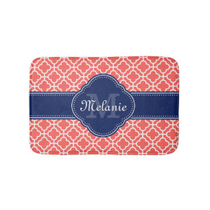 Coral and Wht Moroccan Pattern Navy Monogram Bath Mat