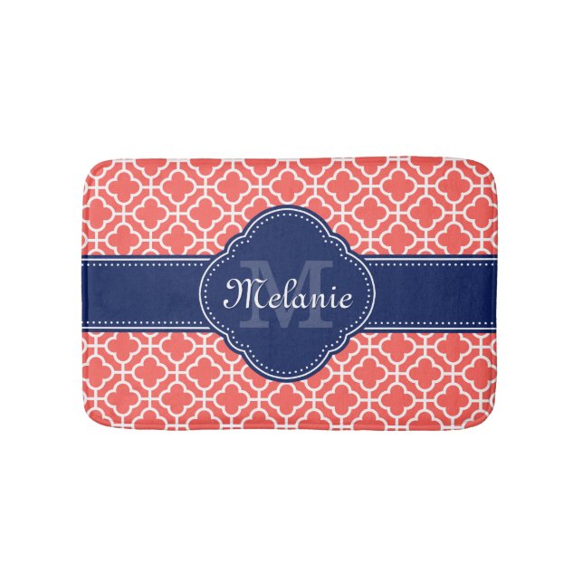 Coral and Wht Moroccan Pattern Navy Monogram Bath Mat (Front)