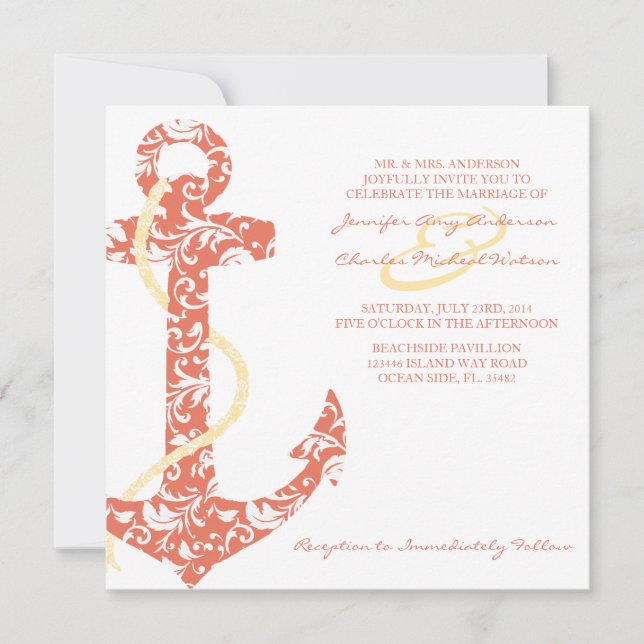 Coral and Yellow Anchor Beach Wedding Invitation (Front)