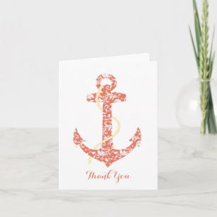 Coral and Yellow Anchor Beach Wedding Thank You Card