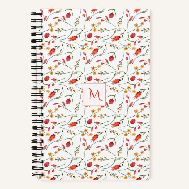 Coral and Yellow Floral Monogram Magnetic Notepad Notebook (Front)