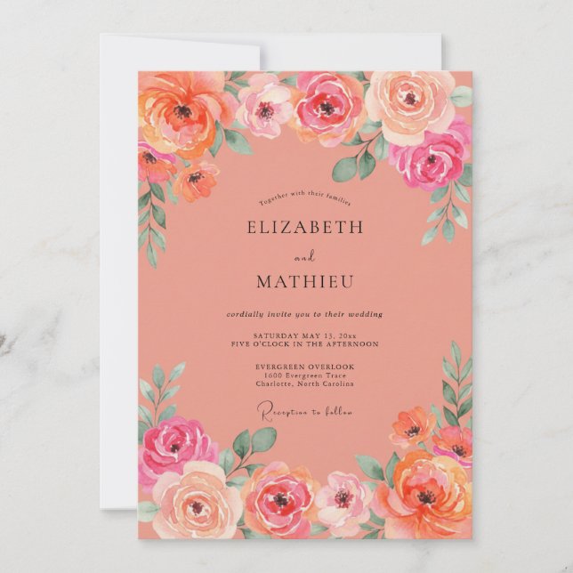 Coral Antique Rose Painted Wedding Invitation (Front)