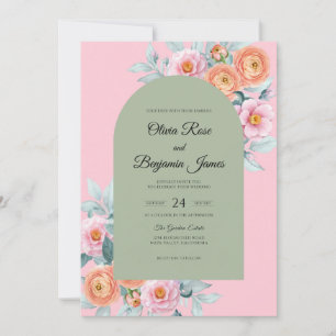Coral Apricot Bouquet Eucalyptus Wedding Invitation