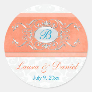 Coral, Aqua, and Grey 1.5" Round Wedding Sticker