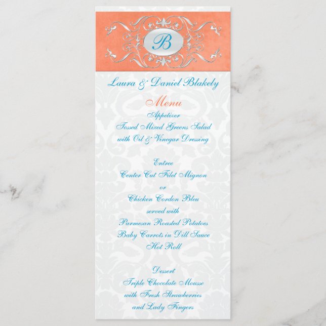 Coral, Aqua, and Grey Damask Monogrammed Menu (Front)